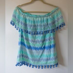 Sail to Sable Blue and Green Off-Shoulder Top, size medium